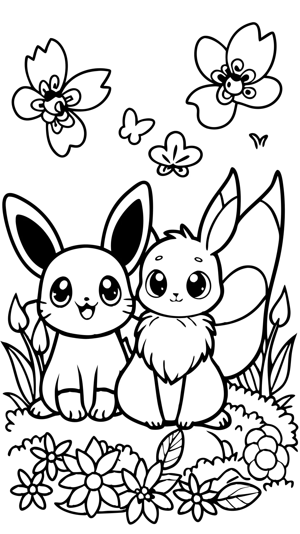 Página para colorear de Pikachu y Eevee